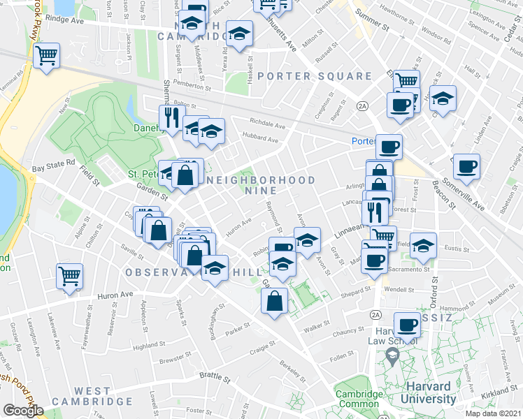 map of restaurants, bars, coffee shops, grocery stores, and more near 6 Bellevue Avenue in Cambridge