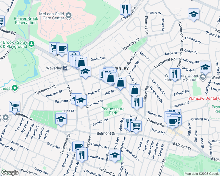 map of restaurants, bars, coffee shops, grocery stores, and more near 362 Trapelo Road in Belmont