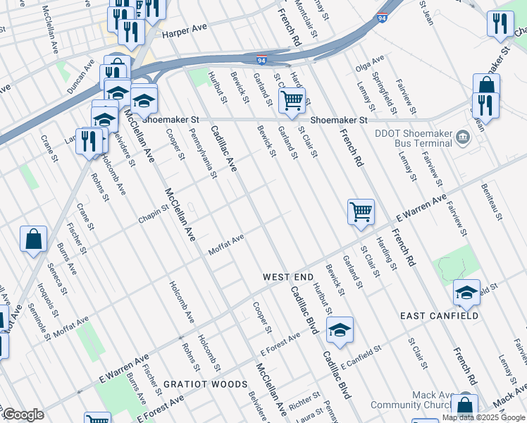 map of restaurants, bars, coffee shops, grocery stores, and more near 5340 Hurlbut Street in Detroit