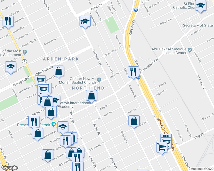 map of restaurants, bars, coffee shops, grocery stores, and more near 636 Owen Street in Detroit