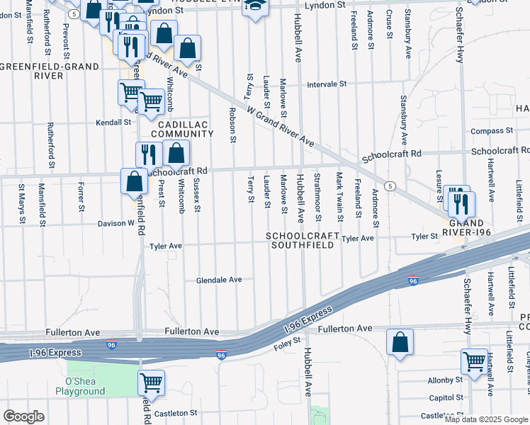 map of restaurants, bars, coffee shops, grocery stores, and more near 13304 Lauder Street in Detroit