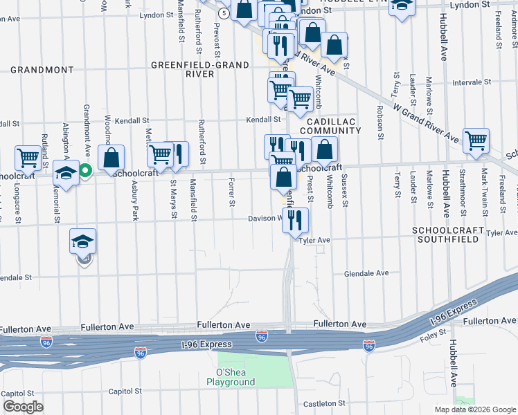 map of restaurants, bars, coffee shops, grocery stores, and more near 13545 Montrose Street in Detroit