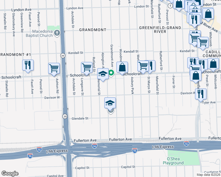map of restaurants, bars, coffee shops, grocery stores, and more near 13546 Abington Avenue in Detroit
