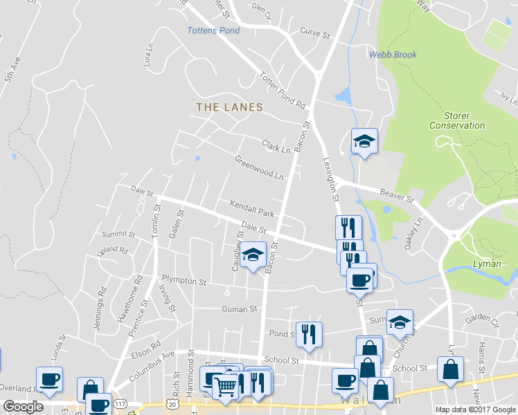map of restaurants, bars, coffee shops, grocery stores, and more near 29 Kendall Park in Waltham