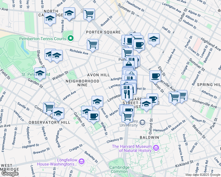 map of restaurants, bars, coffee shops, grocery stores, and more near 32 Lancaster Street in Cambridge