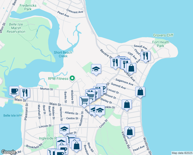 map of restaurants, bars, coffee shops, grocery stores, and more near 101 Kennedy Drive in Winthrop