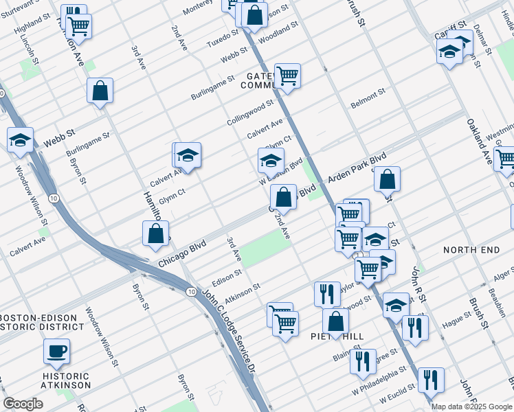 map of restaurants, bars, coffee shops, grocery stores, and more near 640 Chicago Boulevard in Detroit