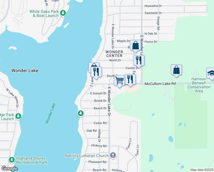 map of restaurants, bars, coffee shops, grocery stores, and more near 7603 Hancock Drive in Wonder Lake