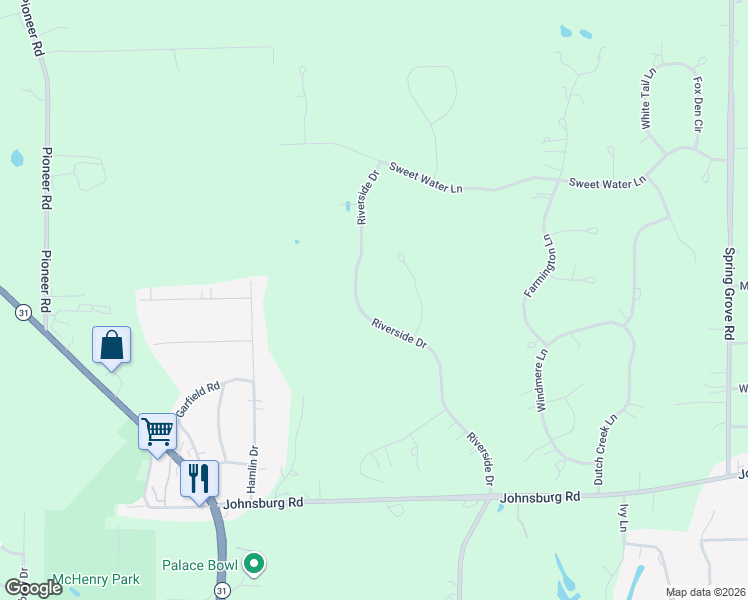 map of restaurants, bars, coffee shops, grocery stores, and more near 4006 Riverside Drive in Johnsburg