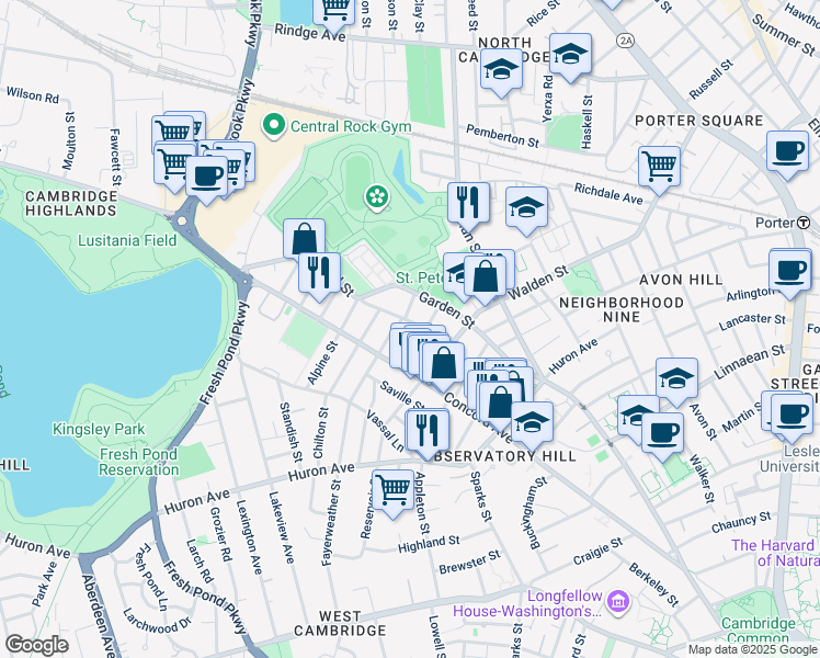 map of restaurants, bars, coffee shops, grocery stores, and more near 180 Fayerweather Street in Cambridge