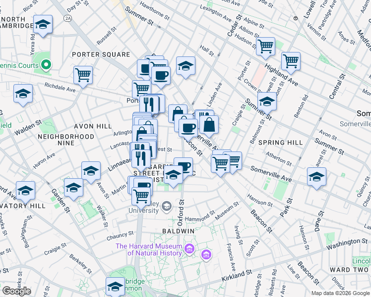 map of restaurants, bars, coffee shops, grocery stores, and more near 133 Oxford Street in Cambridge