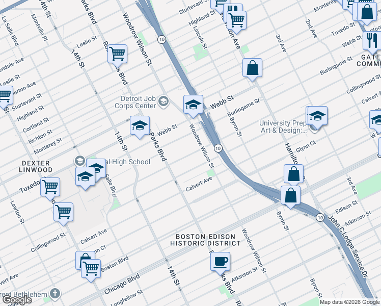 map of restaurants, bars, coffee shops, grocery stores, and more near 1627 Lawrence Street in Detroit