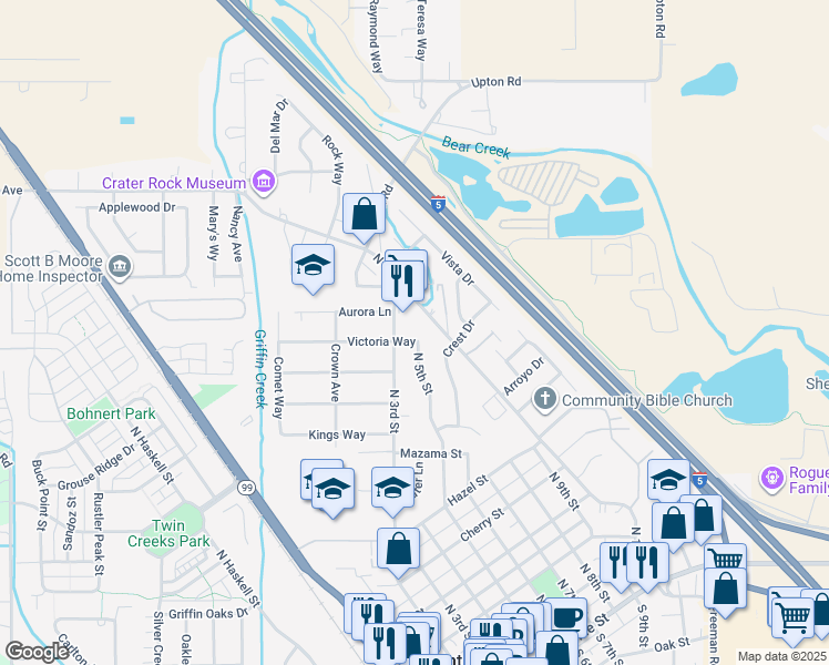 map of restaurants, bars, coffee shops, grocery stores, and more near 93 Victoria Way in Central Point
