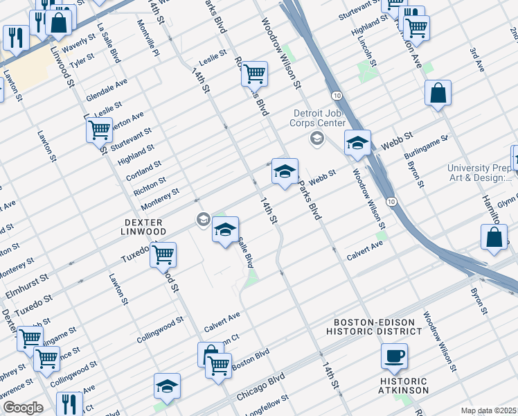 map of restaurants, bars, coffee shops, grocery stores, and more near 2220 Webb Street in Detroit