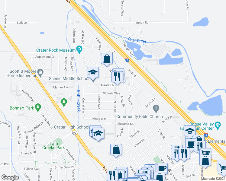 map of restaurants, bars, coffee shops, grocery stores, and more near 1201 North 3rd Street in Central Point