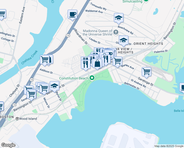 map of restaurants, bars, coffee shops, grocery stores, and more near 917 Massachusetts 145 in Boston