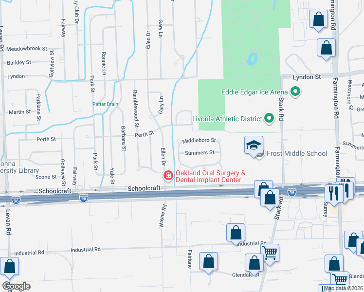 map of restaurants, bars, coffee shops, grocery stores, and more near 34817 Middleboro Street in Livonia
