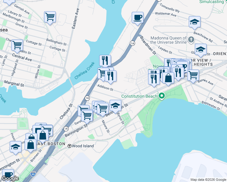 map of restaurants, bars, coffee shops, grocery stores, and more near 175 William F McClellan Highway in Boston