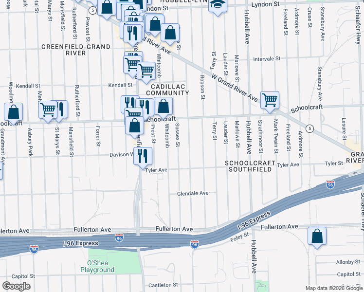 map of restaurants, bars, coffee shops, grocery stores, and more near 13302 Sussex Street in Detroit