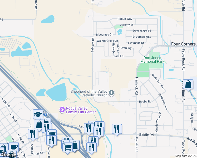 map of restaurants, bars, coffee shops, grocery stores, and more near 5154-5178 Gebhard Rd in Central Point