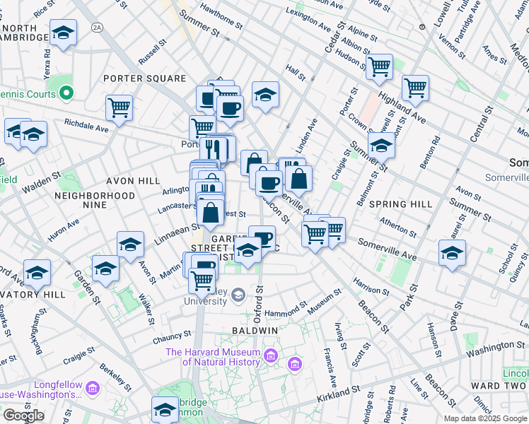 map of restaurants, bars, coffee shops, grocery stores, and more near 133 Oxford Street in Cambridge