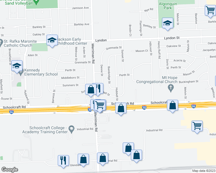 map of restaurants, bars, coffee shops, grocery stores, and more near 14067 Bainbridge Street in Livonia