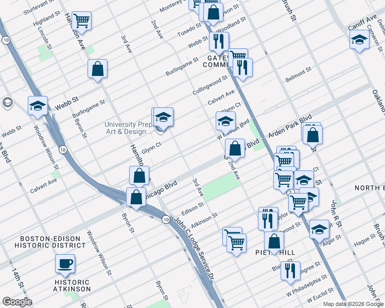 map of restaurants, bars, coffee shops, grocery stores, and more near 701 West Boston Boulevard in Detroit