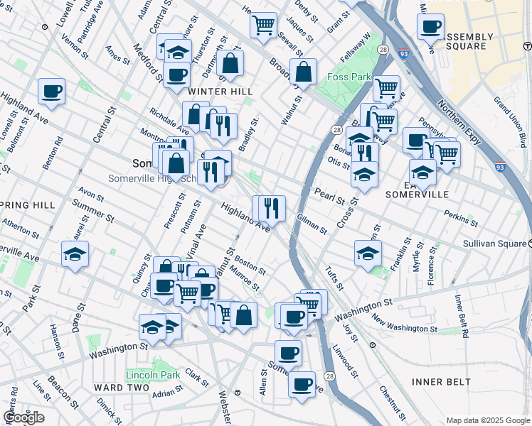 map of restaurants, bars, coffee shops, grocery stores, and more near 285 Medford Street in Somerville