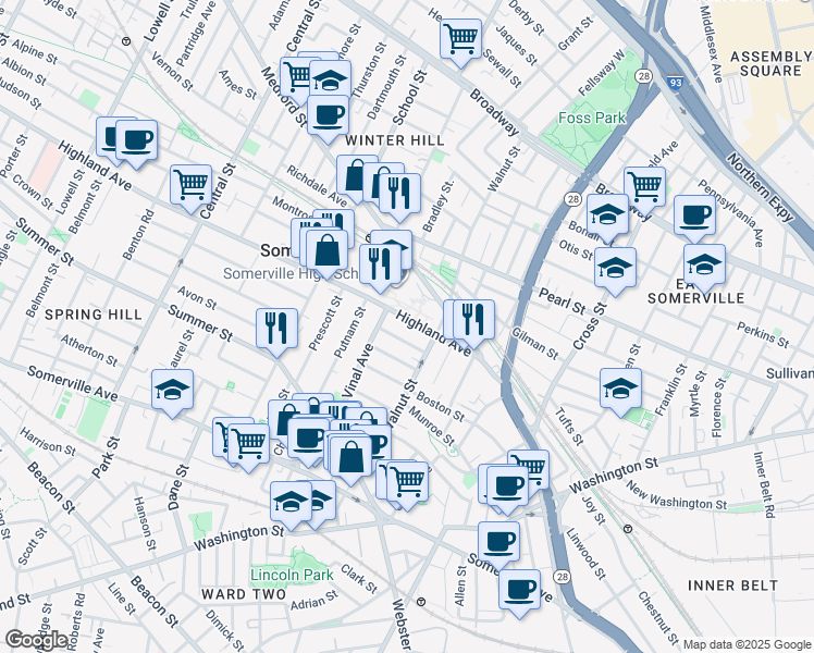 map of restaurants, bars, coffee shops, grocery stores, and more near 44 Highland Avenue in Somerville