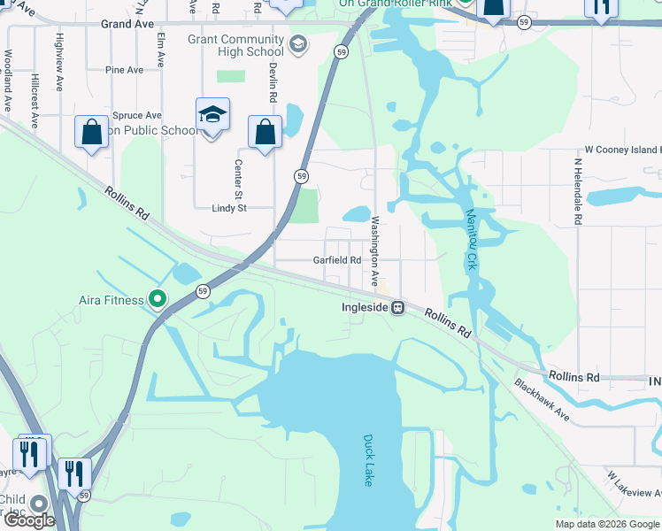map of restaurants, bars, coffee shops, grocery stores, and more near 125 Adams Avenue in Fox Lake