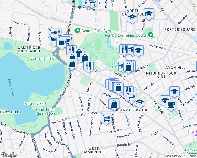 map of restaurants, bars, coffee shops, grocery stores, and more near 145 Chilton Street in Cambridge