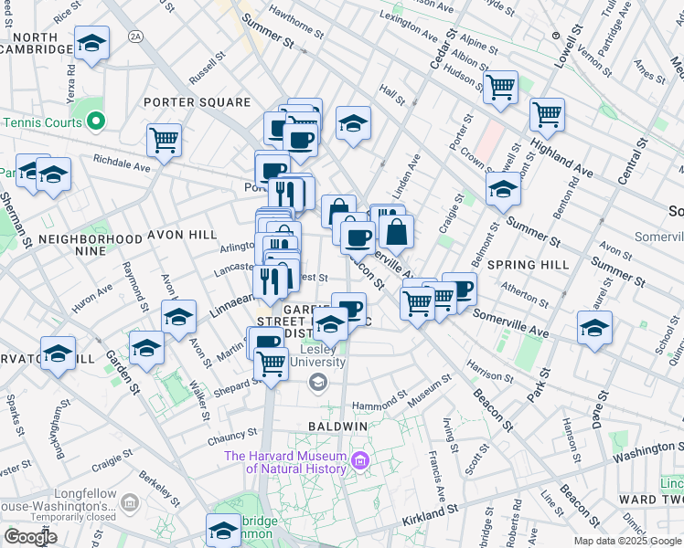 map of restaurants, bars, coffee shops, grocery stores, and more near 133 Oxford Street in Cambridge