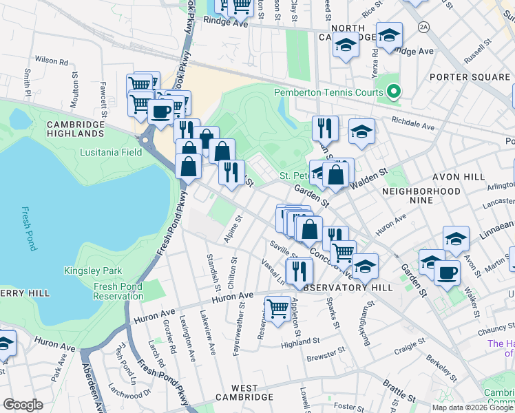 map of restaurants, bars, coffee shops, grocery stores, and more near 156 Chilton Street in Cambridge