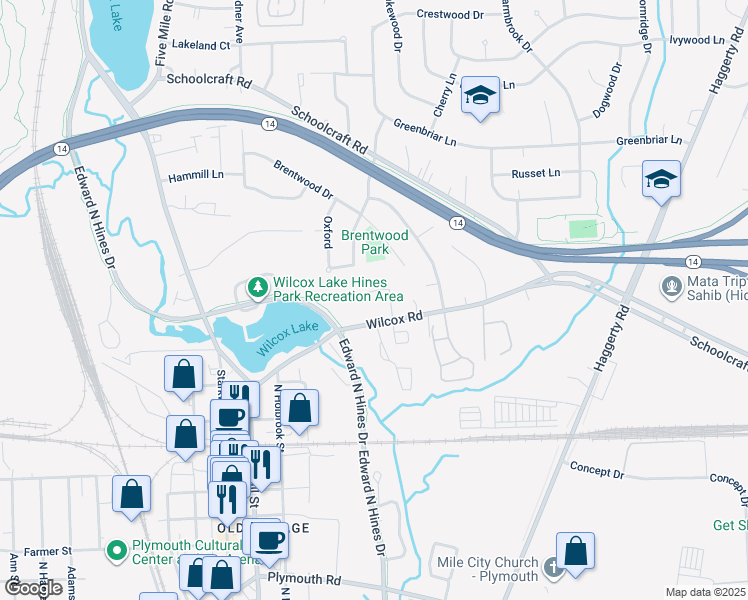 map of restaurants, bars, coffee shops, grocery stores, and more near 14601 Village Court in Plymouth