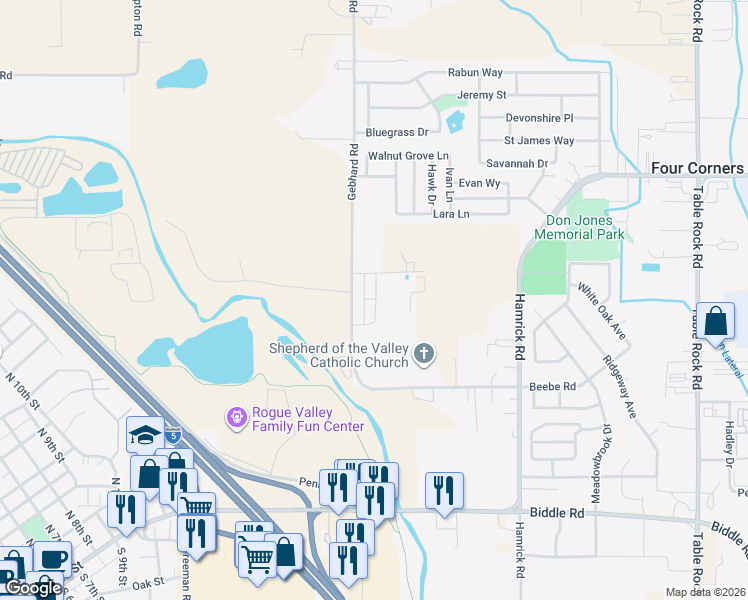 map of restaurants, bars, coffee shops, grocery stores, and more near 5154-5178 Gebhard Rd in Central Point