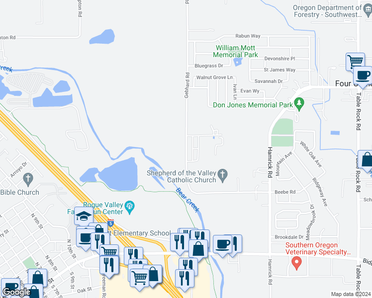 map of restaurants, bars, coffee shops, grocery stores, and more near 5154-5178 Gebhard Rd in Central Point