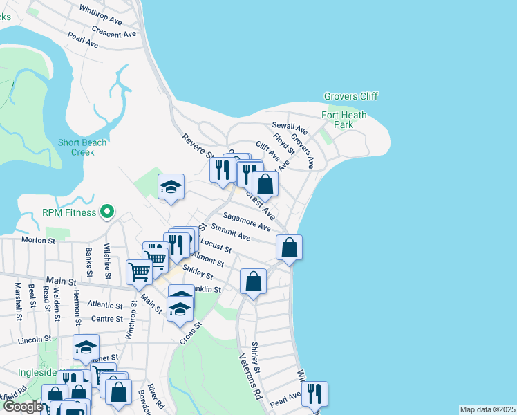 map of restaurants, bars, coffee shops, grocery stores, and more near 2 Chamberlain Avenue in Winthrop