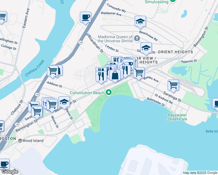 map of restaurants, bars, coffee shops, grocery stores, and more near 917 Massachusetts 145 in Boston