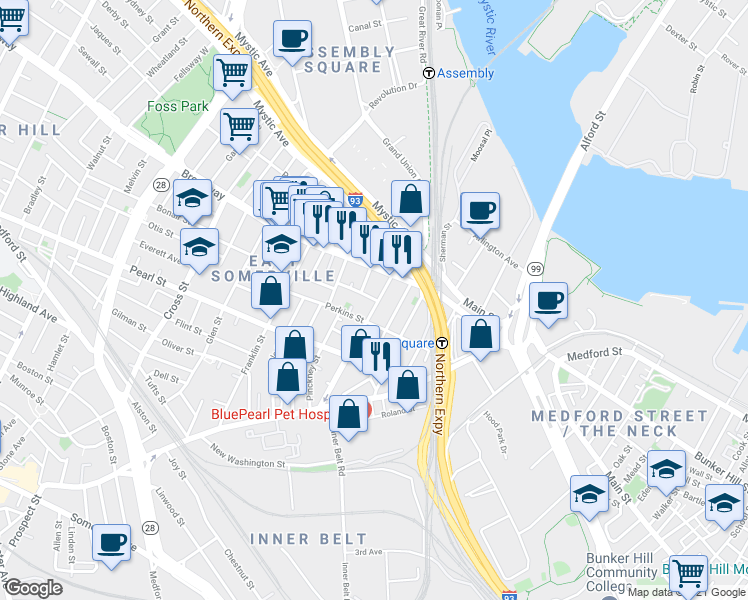 map of restaurants, bars, coffee shops, grocery stores, and more near 16 Mount Vernon Street in Somerville