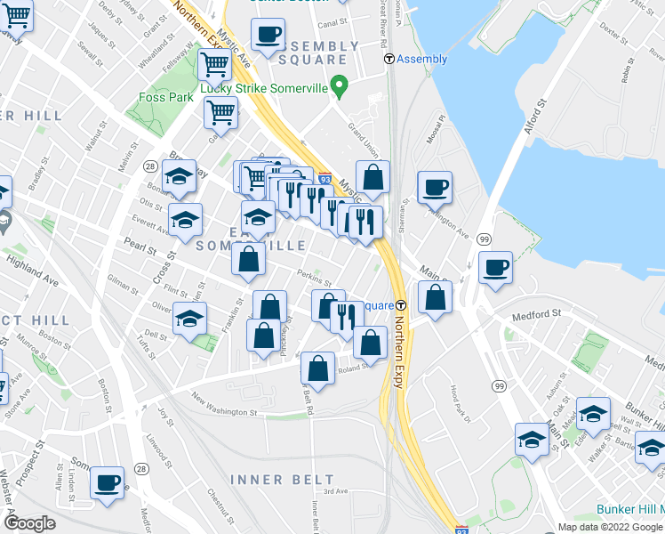 map of restaurants, bars, coffee shops, grocery stores, and more near 24 Lincoln Avenue in Somerville