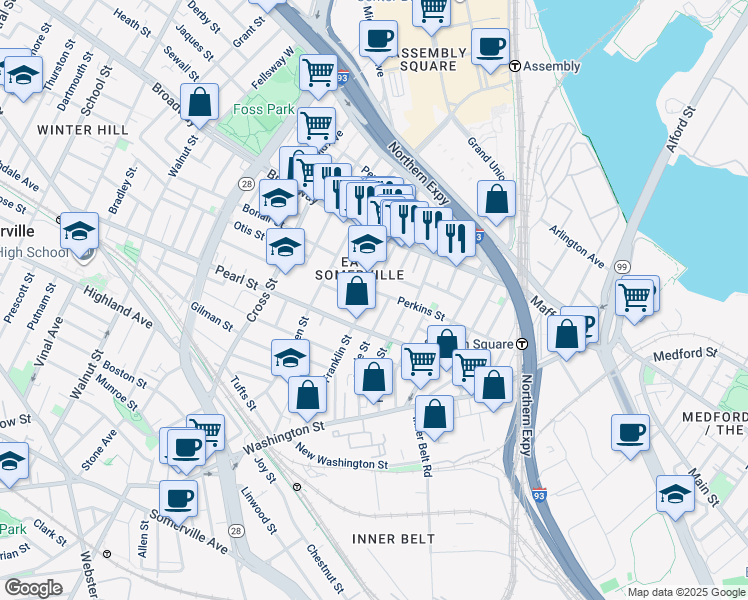 map of restaurants, bars, coffee shops, grocery stores, and more near 22 Franklin Street in Somerville