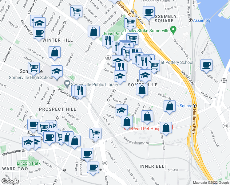map of restaurants, bars, coffee shops, grocery stores, and more near 76B Cross Street in Somerville