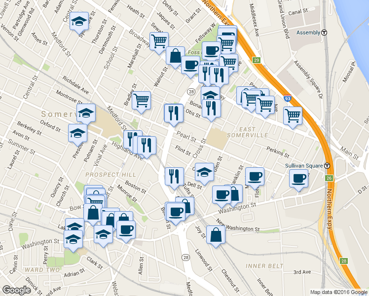 map of restaurants, bars, coffee shops, grocery stores, and more near 83 Flint Street in Somerville