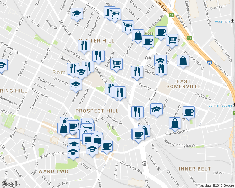 map of restaurants, bars, coffee shops, grocery stores, and more near 285 Medford Street in Somerville