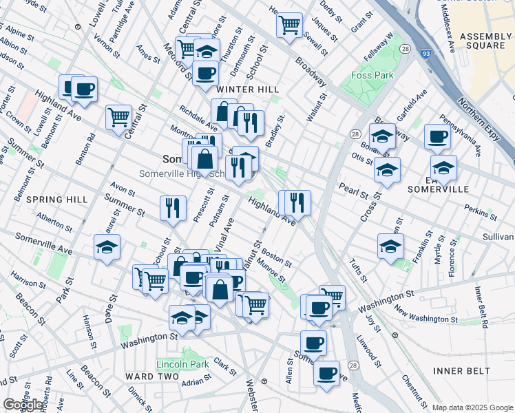 map of restaurants, bars, coffee shops, grocery stores, and more near 50 Highland Avenue in Somerville