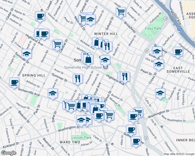 map of restaurants, bars, coffee shops, grocery stores, and more near 61 Putnam Street in Somerville
