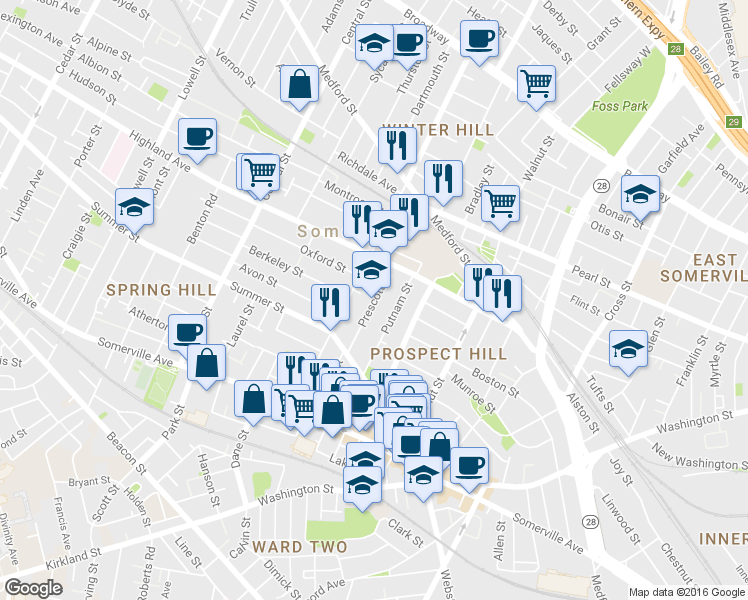 map of restaurants, bars, coffee shops, grocery stores, and more near 44 Prescott Street in Somerville