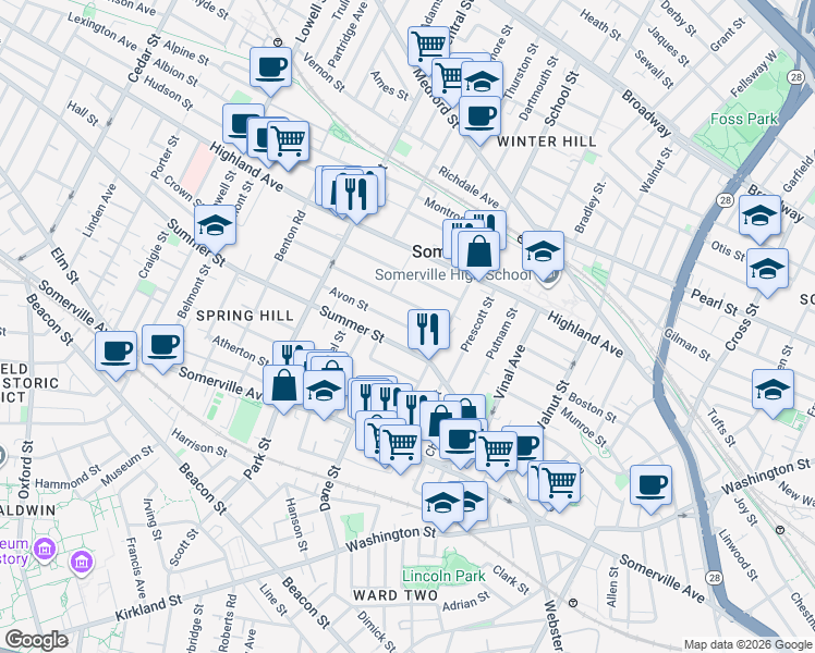 map of restaurants, bars, coffee shops, grocery stores, and more near 27 Avon Street in Somerville