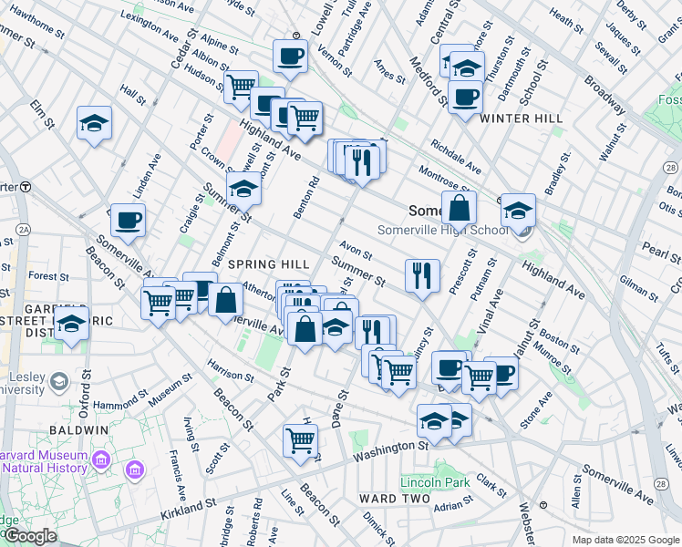 map of restaurants, bars, coffee shops, grocery stores, and more near 7 Carter Terrace in Somerville