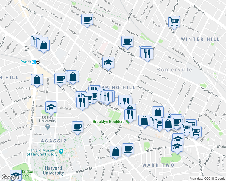 map of restaurants, bars, coffee shops, grocery stores, and more near in Somerville